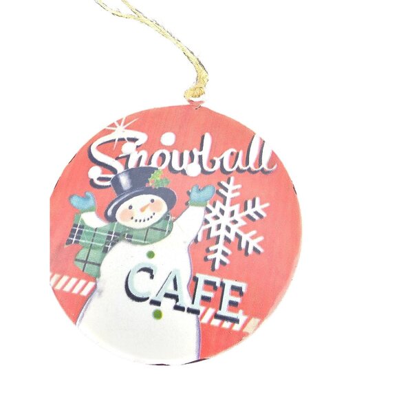 Metal Sign round Snowball Cafe Snowman approx 6 inches ornament - Picture 1 of 6